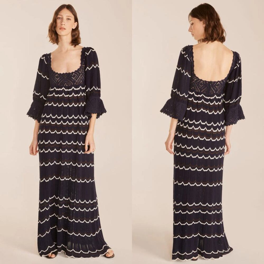 Rebecca Taylor Lace Sweater‎ Dress 3/4 Sleeve Pointelle Knit In Marine Blue Sz L
